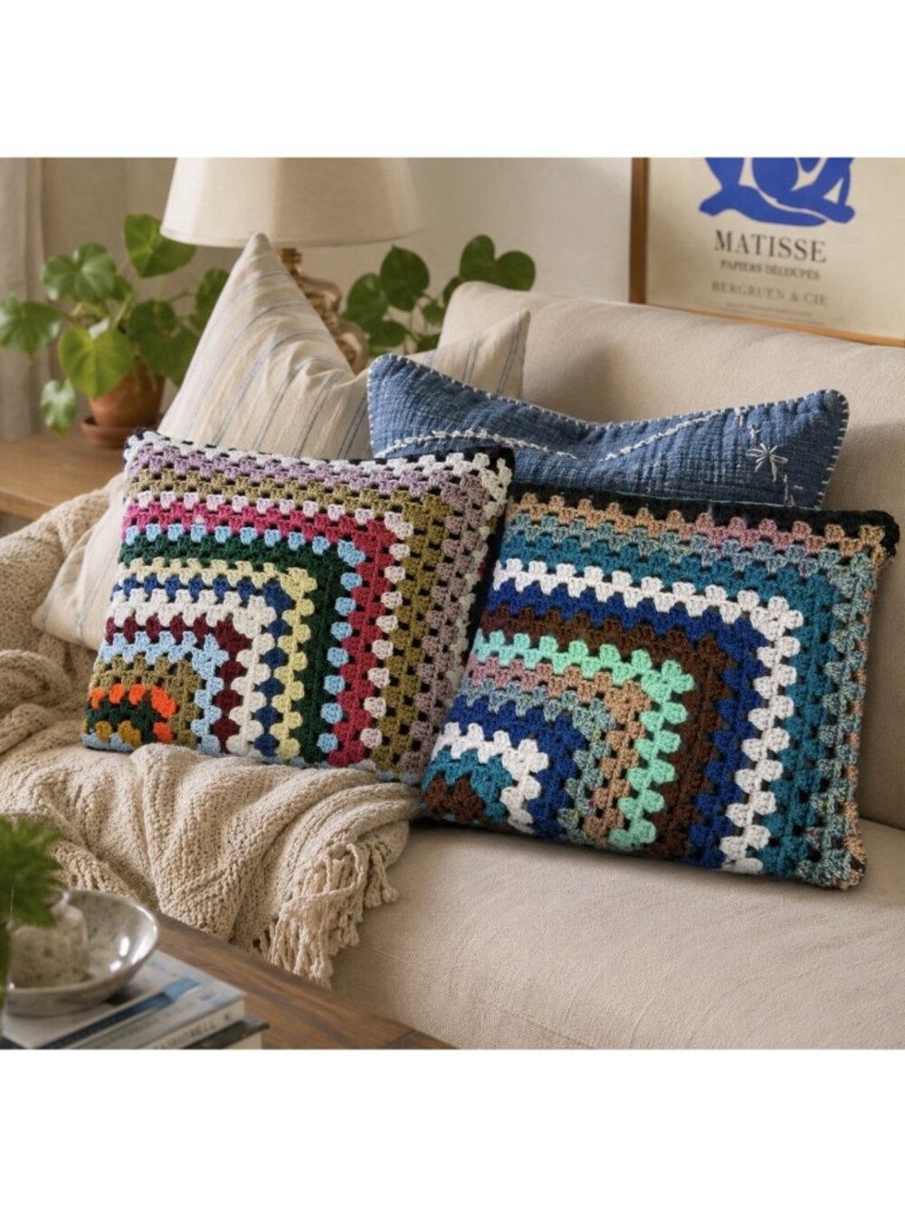 Pair/Set of 2 Handmade Granny Square Vintage Style 14" x 14" Throw Pillow Covers